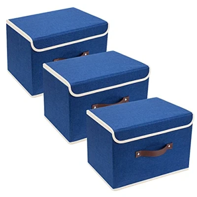 Afbeelding van 3 delige opvouwbare opbergdozen met deksel, dozen voor kleding, speelgoed, rek, klassiek blauw