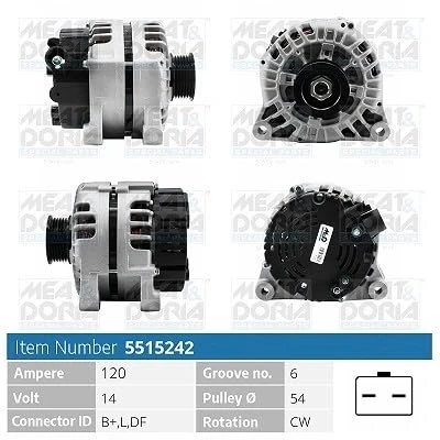 Afbeelding van MEAT &amp; DORIA 5515242 Dynamo / Alternator 14V 120A CITROËN: Berlingo II Van, II, First I, PEUGEOT: Partner Tepee