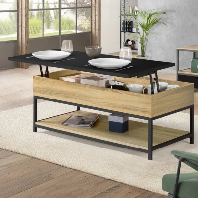 Image de Table basse plateau relevable intégral rectangulaire BOSTON et étagère inférieure design industriel