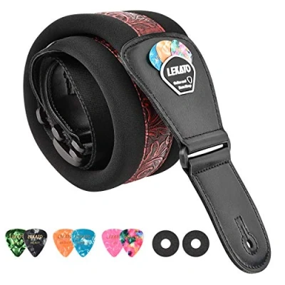 Afbeelding van LEKATO Gitaarriem voor elektrische en basgitaar, 7,6 cm breed, gevoerd, verstelbare riem met plectrumhouder, sloten plectrums, Rood