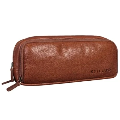 Afbeelding van STILORD &#039;Flo&#039; Vintage lederen etui grote met 3 vakken potlood monochroom voor werk universiteit school, Maraska Bruin, Toilettas