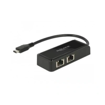 Image de Delock Adapter USB C 3.1 Gen 1 &gt; 2 x Gigabit LAN 10/100/1000 Mb/s Adaptateur réseau Ethernet noir