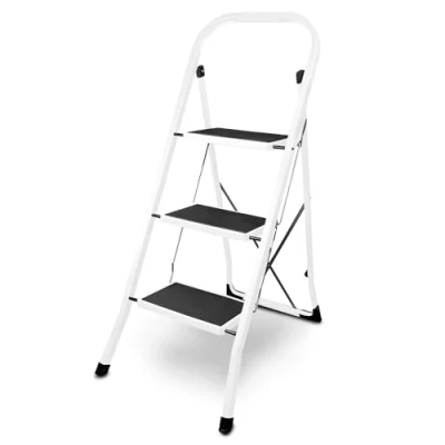 Afbeelding van siwitec Vouwladder van staal, 3 treden, wit, kleine ladder met antislipmatten, belastbaar tot 150 kg, TÜV/GS getest