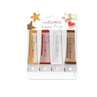 Image de SCRAP COOKING 4 Icing Stylos à Pâtisserie : Or, Choco, Blanc &amp; Rouge Crayons Alimentaires Comestibles Décoratifs Colorants pour Écrire et Dessiner sur Desserts, Gâteaux Biscuits