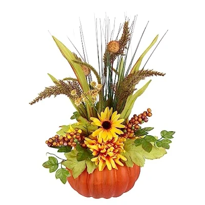 Afbeelding van arrangement met kunstbloemen Dahlia bessen grassen in pompoen decoratieve bloemen herfstbloemen zijden tafeldecoratie 40 cm