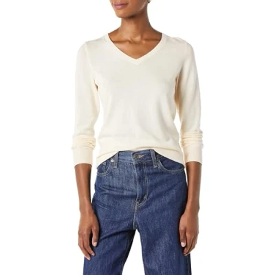 Image de Amazon Essentials Chandail léger à manches longues et col en V pour femme (disponible grande taille), écru, taille S