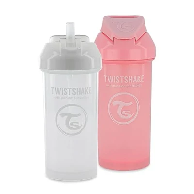 Afbeelding van Twistshake 2 x babybeker met rietje, 360 ml, waterfles voor baby&#039;s, BPA vrij, leerbeker kinderen, wit/roze