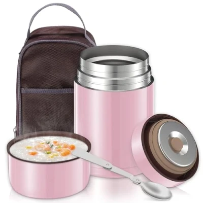 Afbeelding van 800 ml thermocontainer voor warme gerechten, thermoskan levensmiddelen van roestvrij staal met isolatiezak en opvouwbare lepel, thermische lunchhouder, buiten, roze