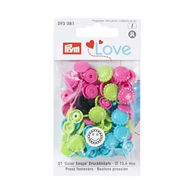 Afbeelding van PrymLove Flower Shape Non Sew ColorSnaps 13,6 mm Snap Fasteners by Prym Love Assorted Pack of Turquoise, Apple Green and Bright Pink (30 stuks), 12 x 7 2 cm