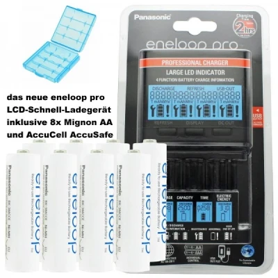 Afbeelding van Panasonic eneloop lader BQ CC65 incl. LCD display, 8 AA Mignon en AccuCell AkkuBox Blue