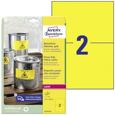 Afbeelding van Avery Zweckform L6130 20 folie etiketten 210 x 148 mm Polyester Geel 40 stuk(s) Permanent hechtend Laser (kleur), (zwart/wit), Kopiëren