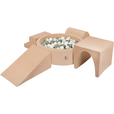 Afbeelding van KiddyMoon Velvet Foam Speeltuin Met Rond Ballenbad (200 Ballen) Kinderballenbakken Speelgoed Obstakelbaan, Zandbeige: Wit/Grijs/Mint