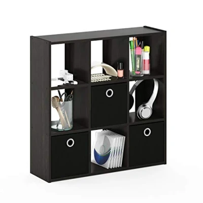 Afbeelding van Simplistic Organizer/rek met 9 vakken en 3 sleuven, hout, espresso/zwart, 20,07 x 67,82 67,31 cm