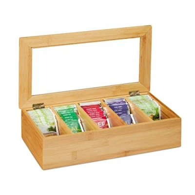 Afbeelding van Relaxdays theedoos bamboe 5 vaks theekist opbergdoos bewaardoos thee organizer
