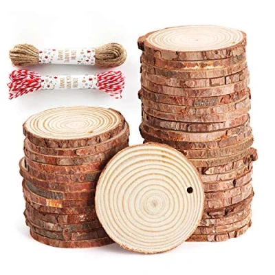 Afbeelding van ilauke 50 stuks ruwe natuurlijke houten schijven, 6 tot 7 cm, met voorgeboord gat en koord van 20 m, schijven voor het verbranden hout, schilderen, knutselen, decoratie bruiloftsfeest,