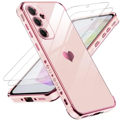 Afbeelding van LeYi beschermhoes voor Samsung A55 5G met 2 gehard glas, siliconen, hartvorm, beschermhoes, schokbestendig, krasbestendig, zacht, TPU, licht, A 55 5G, roze