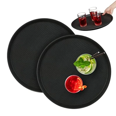 Afbeelding van Relaxdays horeca dienblad Ø 40 cm set van 2 zwart serveerblad bier antislip