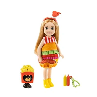 Afbeelding van Barbie Club Chelsea Meisje met Hamburger Jurkje 15 cm Minipop