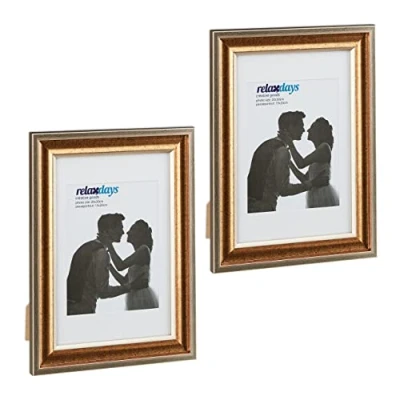Afbeelding van Relaxdays fotolijst 20x30 cm set van 2 fotokader met passepartout wissellijst staand goud