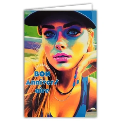 Afbeelding van 69 8102 Carte FLUO Bon ANNIVERSAIRE Let&#039;s celebrate avec Enveloppe 12x17,5cm Pour Adolescente Jeune Fille Femme Rouge à lèvre Rose Casquette Véritables encres Créé et Fabriqué en France