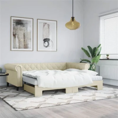 Afbeelding van vidaXL Slaapbank met onderschuifbed 90x200 cm kunstleer crÃ¨mekleurig