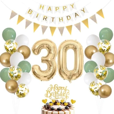 Afbeelding van Decoratieve ballon voor 30e verjaardag saliegroen, man vrouw groen wit goud folieballon taartdecoratie