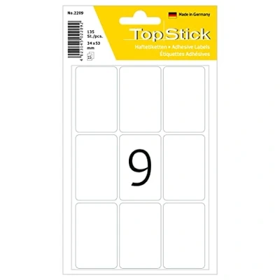 Afbeelding van TopStick 2209 multifunctionele etiketten, 34 x 53 mm, 9 per vel, huishoudetiketten, zelfklevend, mat papier, wit