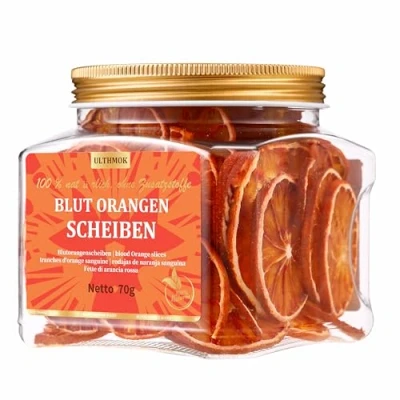 Image de Sélection de tranches séchées d&#039;orange rouge 140 g, classe culinaire et décorative, orange séchée pour la décoration, 100% naturelle, sans sucre ajouté.