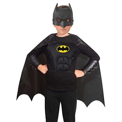 Image de Ciao Kit de déguisement Batman officiel DC Comics (taille unique pour garçon 5 à 12 ans) : masque, cape, corps, brassards, Schwarz