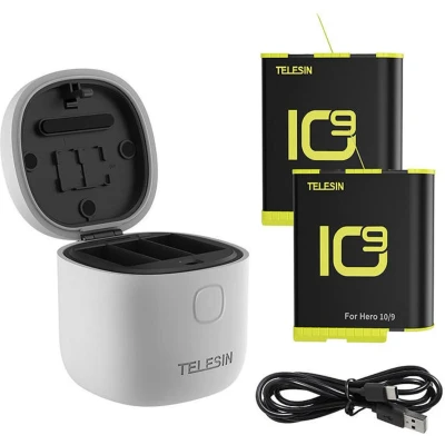 Afbeelding van Telesin 3 slot waterdichte oplader Allin box voor GoPro Hero 9 / 10 + 2 batterijen (GP BTR 905 GY B)