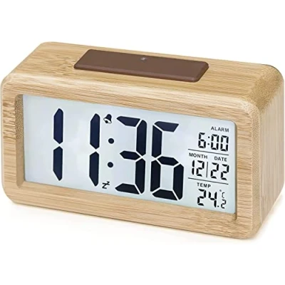 Afbeelding van digitale wekker, aboveClock LED Morning Alarm klok met datumweergave, temperatuur, sluimerfunctie, op batterijen【3 AAA batterijen nodig】 (bamboe)）