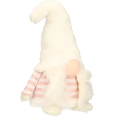 Afbeelding van Allerliefst handgemaakt Gnoom vrouwtje met witte donzige muts en roze/wit gestreepte trui 20(40)cm