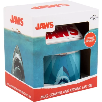Afbeelding van Jaws beker &amp; onderzetter sleutelhanger cadeaupakket