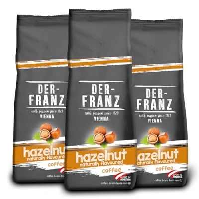Image de Der Franz Café Arabica et Robusta, torréfié, grains entiers aromatisés à la noisette naturelle UTZ 3 x 500 g