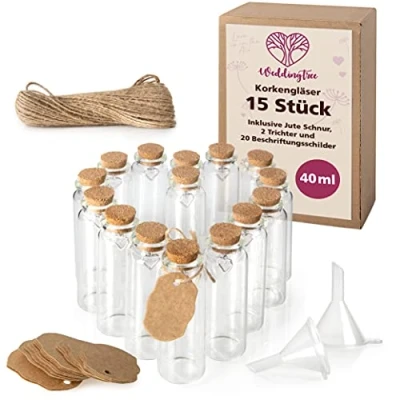 Afbeelding van WeddingTree 15 kleine glazen fles, 40 ml, testbuis voor bruiloften, set met kurk en hartvormige hanger, als cadeau cariage, kruidenpot