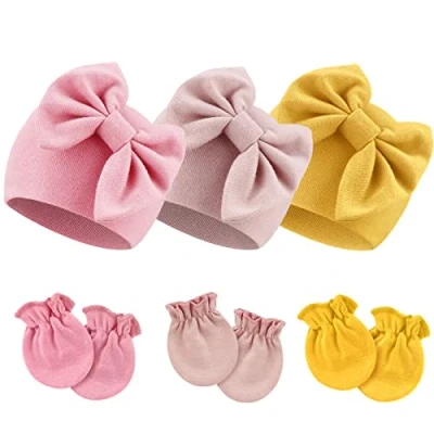 Afbeelding van DRESHOW Babymutsen en wanten, beschermende pasgeborenen, peuters, zacht, schattig, gebreid, voor baby&#039;s, jongens, kinderen, muts, 0 6 maanden, 3 Sets D: Bow Hoeden &amp; Wanten