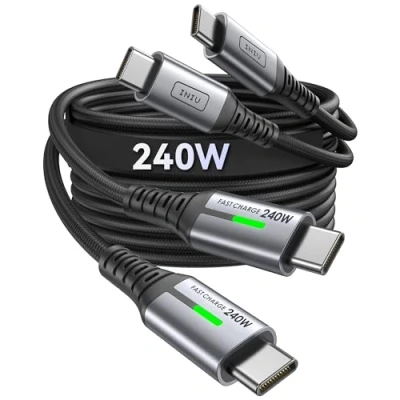 Afbeelding van INIU 240 W USB C naar kabel, [3,3 meter, 2 stuks] Carga Rápida Tipo trenzado kabel voor iPhone 16, 15 Pro Max, poorten, switch, stoom