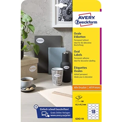 Afbeelding van Avery Zweckform Ovale Etiketten, 63,5 X 42,3 Mm, Wit, Permanent Klevend 180 10 Vellen Etiket