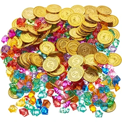 Afbeelding van THE TWIDDLERS 300 Piratenschatten Speelgoed (150 Edelstenen &amp; 150 Gouden Munten) Schatkist, Schattenjacht, Verjaardagen, Kinderfeestjes, Uitdeelcadeautjes