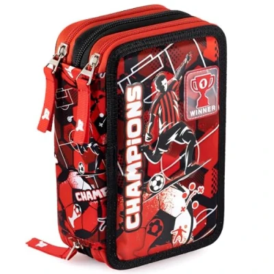 Afbeelding van Julian Ross drievoudig gevoerd etui, 44 schoolaccessoires, 20 cm, Rood/zwarte kampioenen, Voetbal patroon