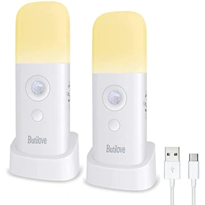 Afbeelding van Set van 2 nachtlampjes met bewegingsmelder, oplaadbaar, draagbaar, USB kabel, draadloze wandlamp automatische aan/uit, voor kast, keuken, trap, slaapkamer