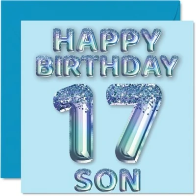 Afbeelding van Verjaardagskaart voor zoon 17 jaar, blauwe glitterballonnen, verjaardagskaarten jarige van mama en papa, 145 mm x