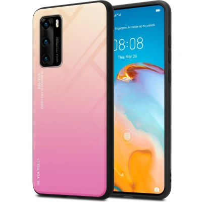 Afbeelding van Cadorabo Hoesje geschikt voor Huawei P40 in GEEL ROZE Tweekleurige beschermhoes van TPU silicone Case Cover en achterzijde gehard glas