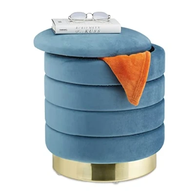 Afbeelding van Relaxdays velvet poef met opbergruimte ronde hocker deksel hoge opbergpoef fluweel