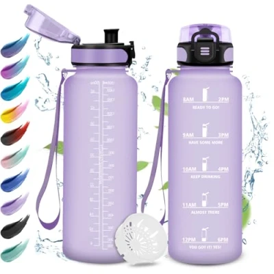 Afbeelding van Gourde de sport 1,5 L, bouteille avec filtre facile à ouvrir, réutilisable, indicateur temps motivation, sport, camping, voyage