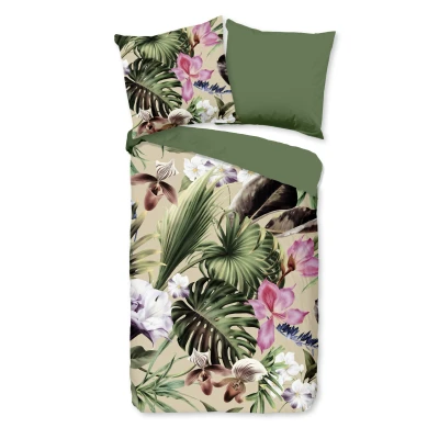 Afbeelding van Dekbedovertrek 155x220 cm Tropische Bladeren en Bloemen Print Groen 1 Persoons 100% Katoen Oeko Tex Gecertificeerd