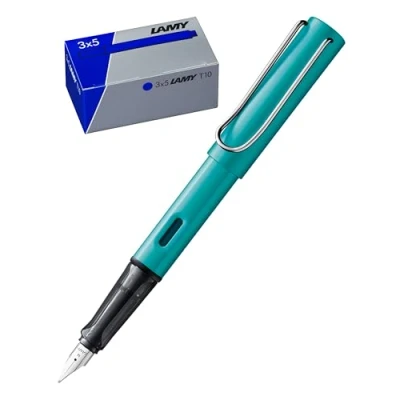 Afbeelding van LAMY AL star 3 stuks aluminium toermalijn vulpen met ergonomische handgreep en gepolijste stalen veer, fijne lijnbreedte T10, originele doos blauwe inkt