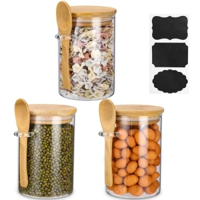 Afbeelding van Set van 3 glazen voorraaddozen met deksel en lepel, getijden insectenbescherming, 540 ml, voor meel, granen peulvruchten