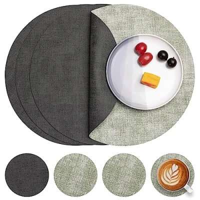 Afbeelding van Myir JUN Placemats van leer en onderzetters, set 4, placemats, rond, antislip, dubbelzijdig, wasbaar, hittebestendig, grijs groen, 4