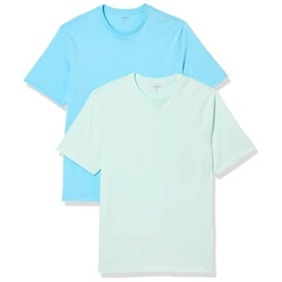 Image de Amazon Essentials Lot de 2 t shirts à manches courtes et col rond pour homme, coupe classique, bleu turquoise/bleu clair, taille L